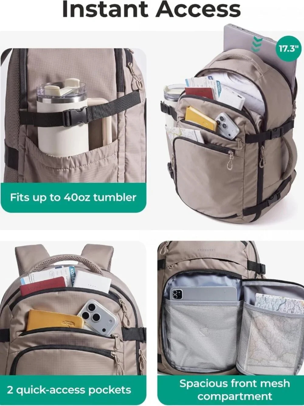 35L Travel Backpack for Men & Women - Stylish 17-Inch Carry-On Bag, Beige